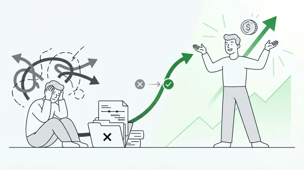 ブラックリストからの信用回復を表す線画イラスト