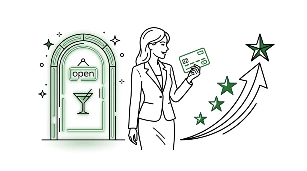 水商売・夜職でクレジットカードを取得するイメージ - カードを持つ女性とステップアップの矢印