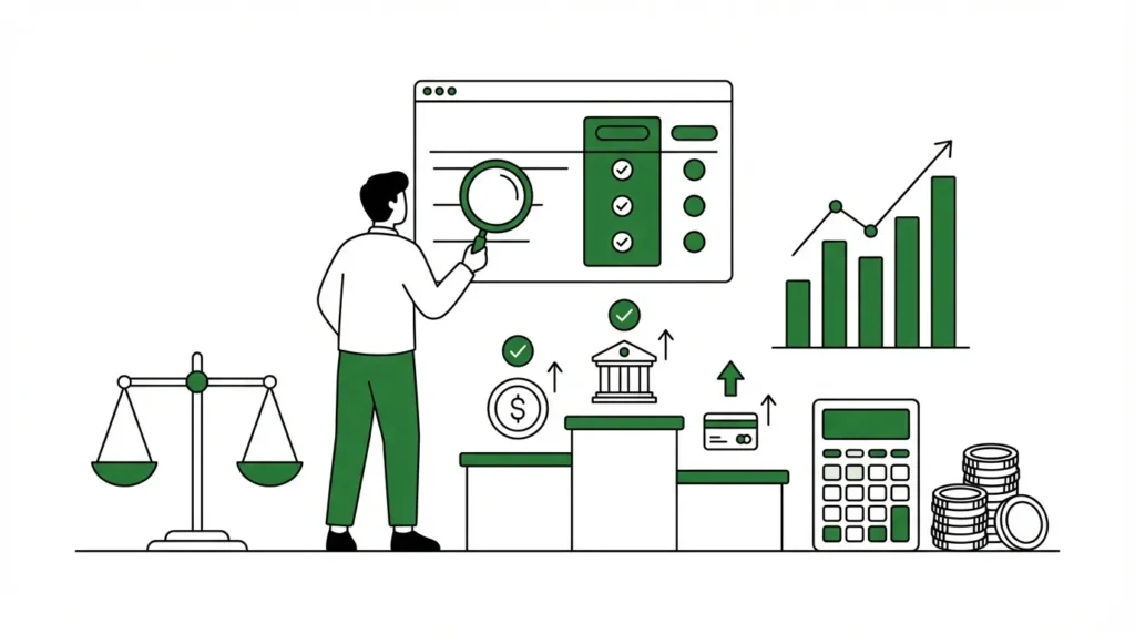 消費者金融を比較検討する人物の線画イラスト